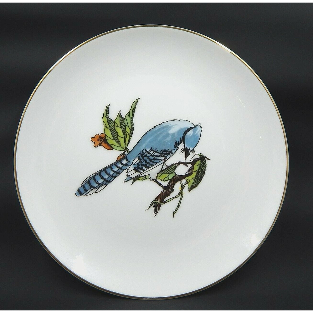Neiman Marcus Blue Jay Dessert Plate Created by Fitz and Floyd Gold Trim